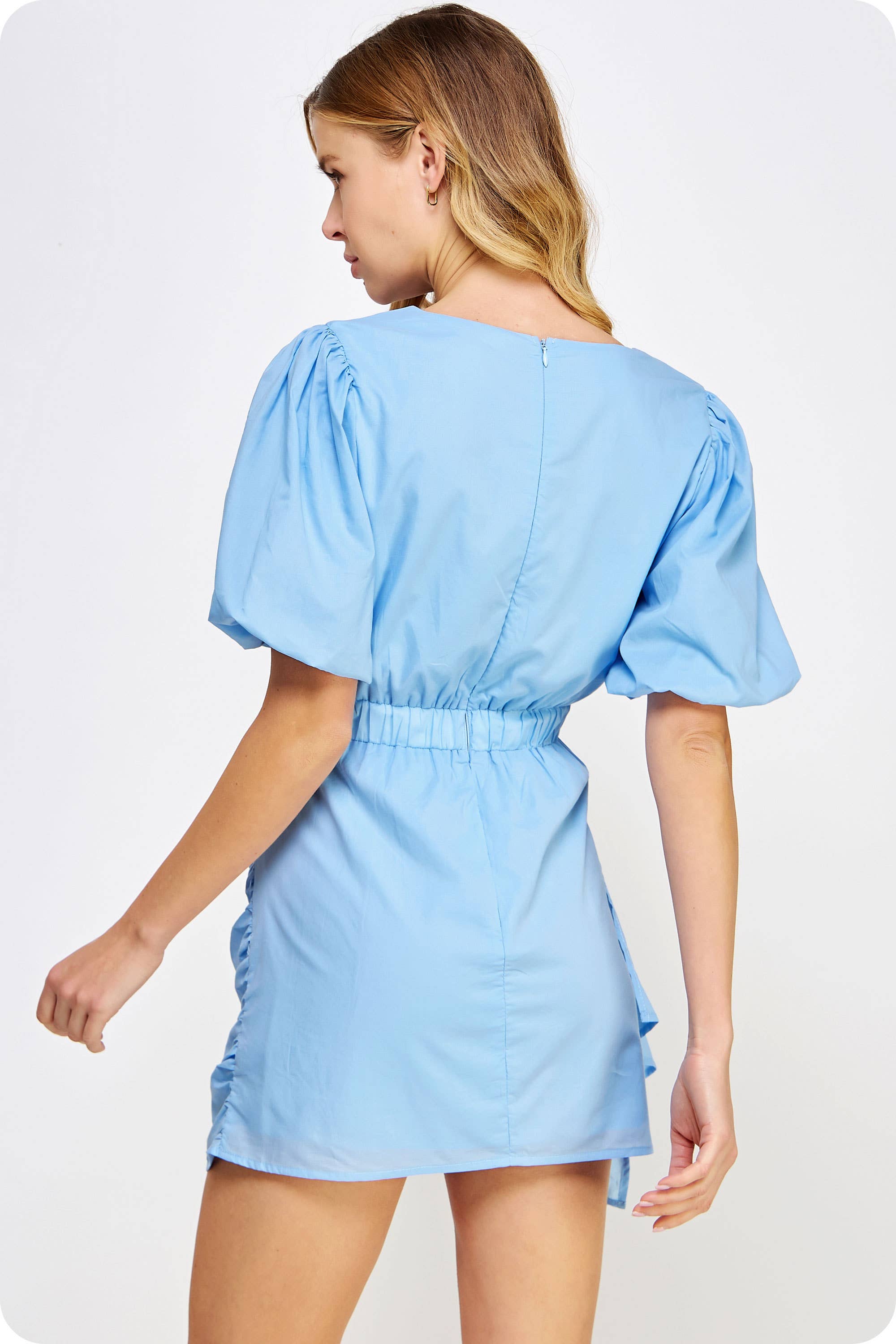 Ruched Short Puff Sleeve Voile Mini Dress. Rush