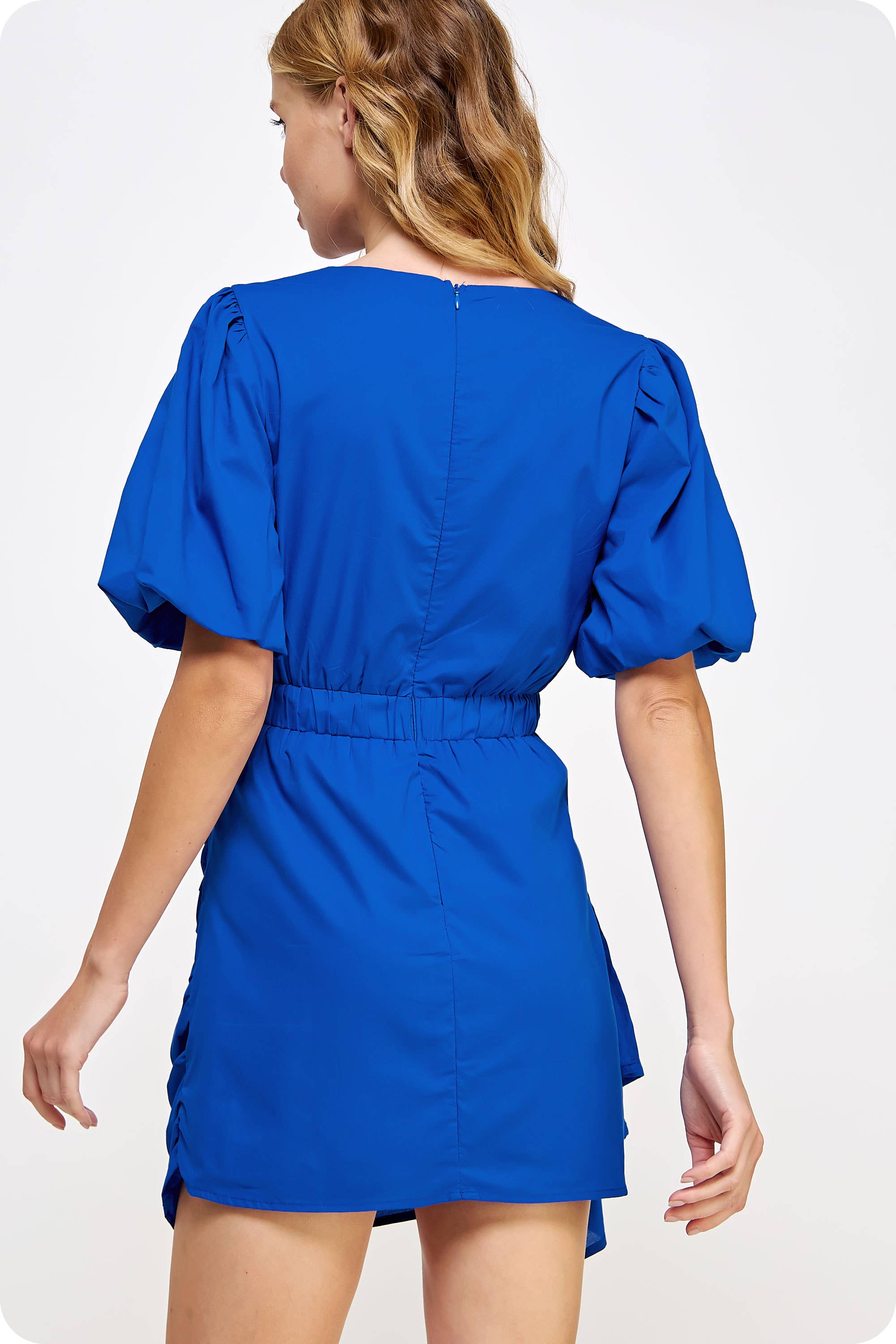 Ruched Short Puff Sleeve Voile Mini Dress. Rush