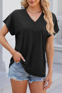 V-neck short sleeve overfit basic white t-shirt tee top: Navy / L