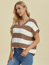 Load image into Gallery viewer, Double Take Full Size Striped V-Neck Short Sleeve Sweater