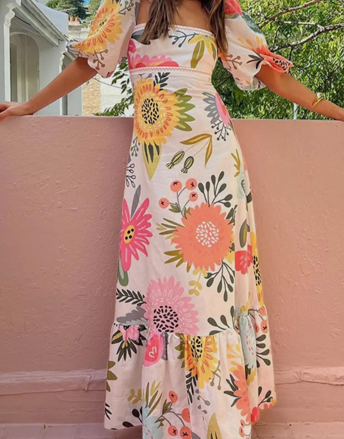 Flower Flounce Square Collar A Line Dress