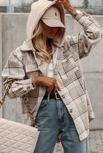 Load image into Gallery viewer, Khaki plaid removable hood buttoned shacket