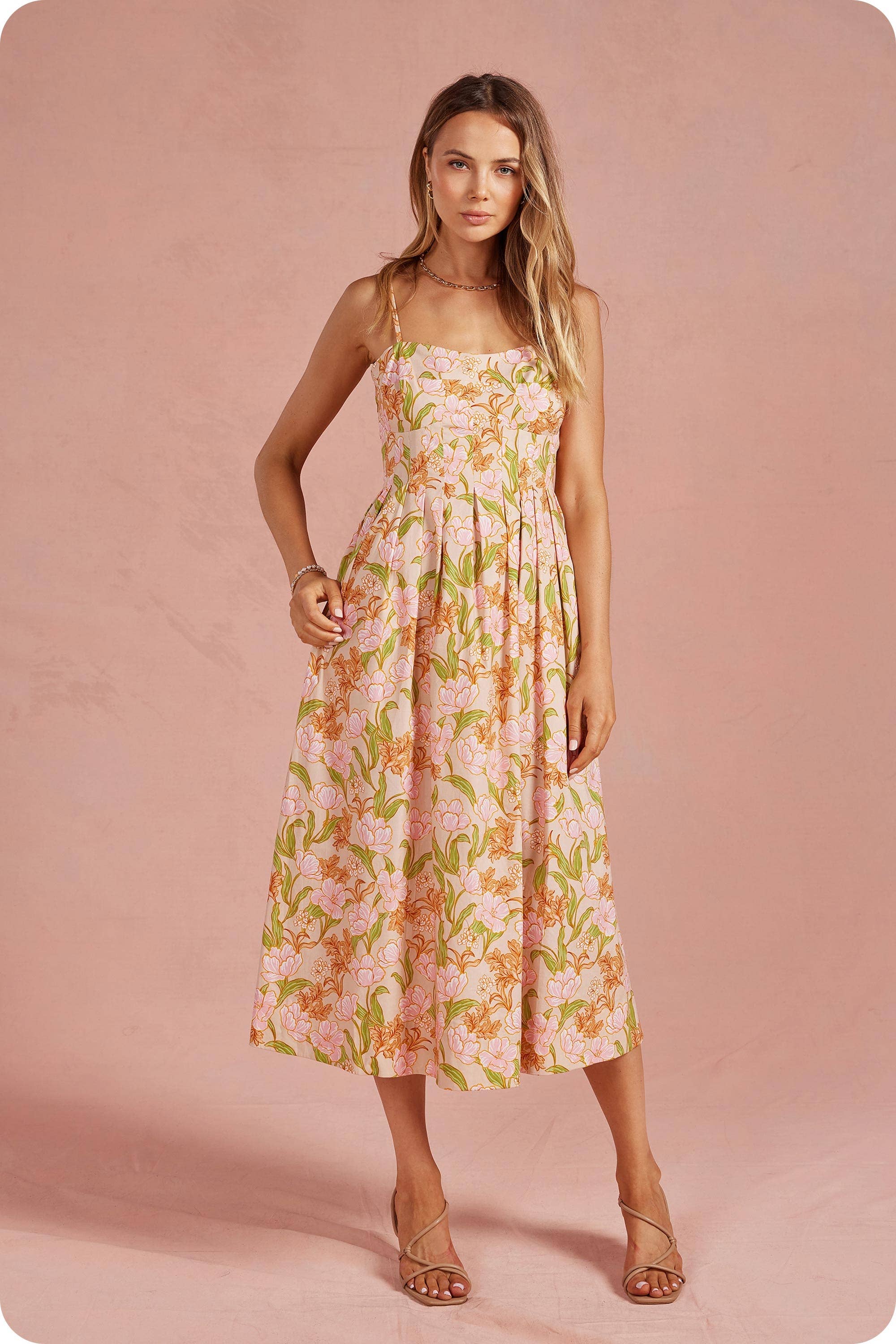Bloom Meadow Sleeveless Pleat Midi Dress