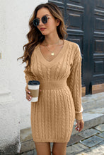 Load image into Gallery viewer, Cable-Knit V-Neck Long Sleeve Mini Sweater Dress