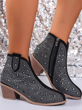 Load image into Gallery viewer, Rhinestone Point Toe Block Heel Boots