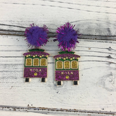 Mardi Gras glitter streetcar pom earrings 