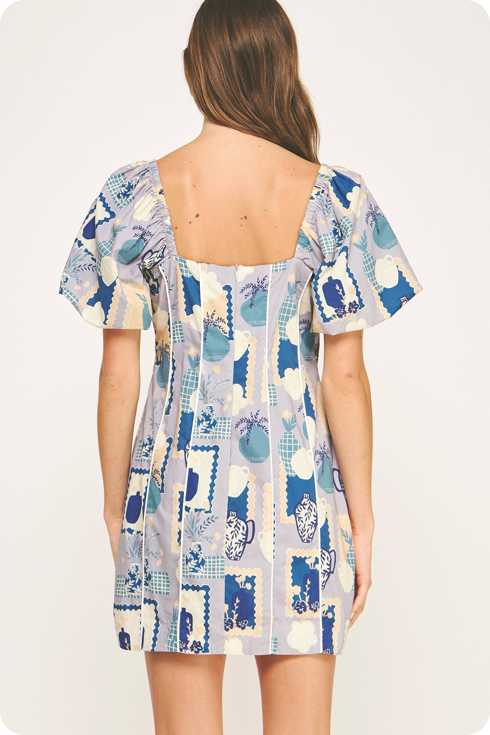 Piping Contrast Vase Print Mini Dress. Rush