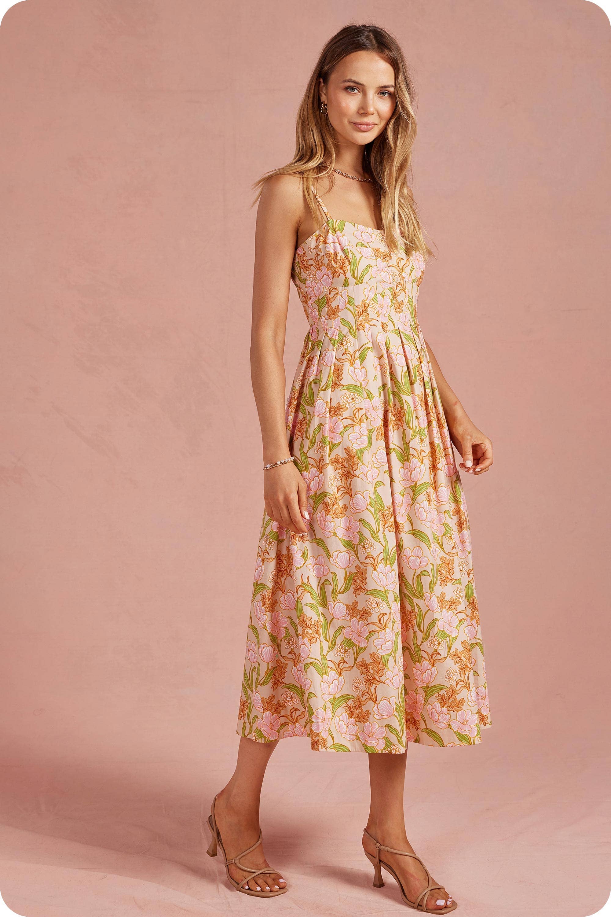 Bloom Meadow Sleeveless Pleat Midi Dress