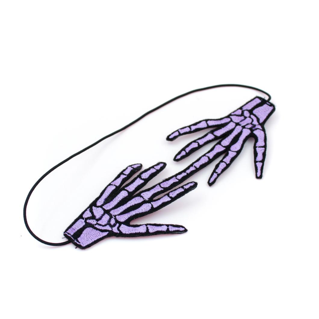 Embroidered Skeleton Hand Headband: Lavender