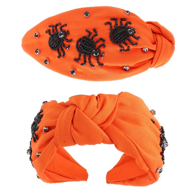 Beaded Spiders Rhinestone Jeweled Knotted Headband: Orange