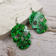 Load image into Gallery viewer, Confetti Halloween Skull Earrings || Choose Color: Green