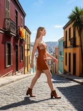 Load image into Gallery viewer, Tie-up halter neck embroidered bodice mini dress