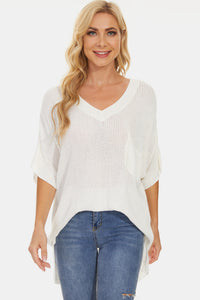 Pocketed V-Neck Half Sleeve Knit Top