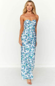 Lorna Printed Knotted Tube Maxi Dress: Blue / L