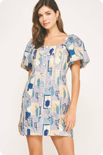 Load image into Gallery viewer, Piping Contrast Vase Print Mini Dress: Blue Multi/off-white / S