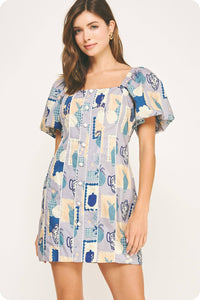 Piping Contrast Vase Print Mini Dress: Blue Multi/off-white / S