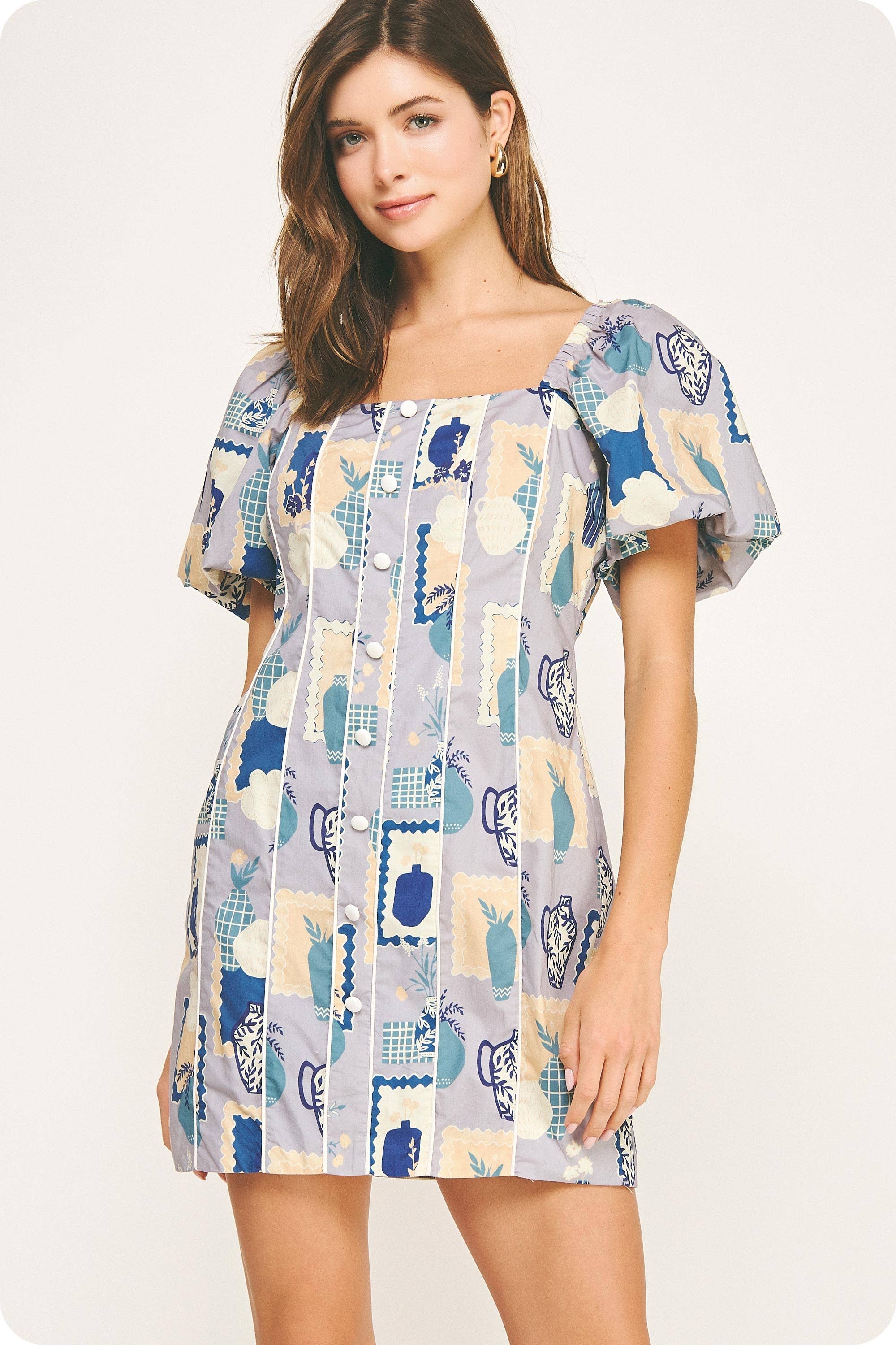 Piping Contrast Vase Print Mini Dress. Rush