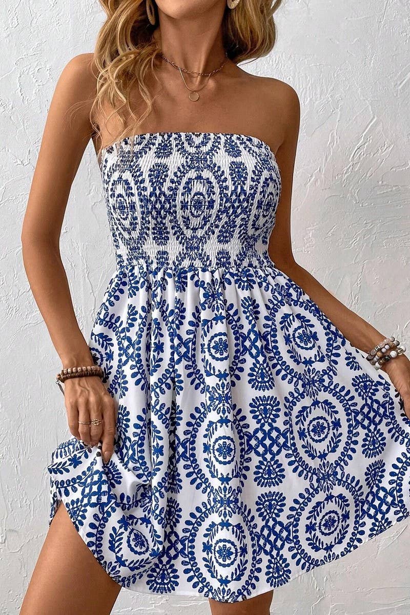 *SALE* BLUE PRINTED TUBE TOP DRESS: BLUE
