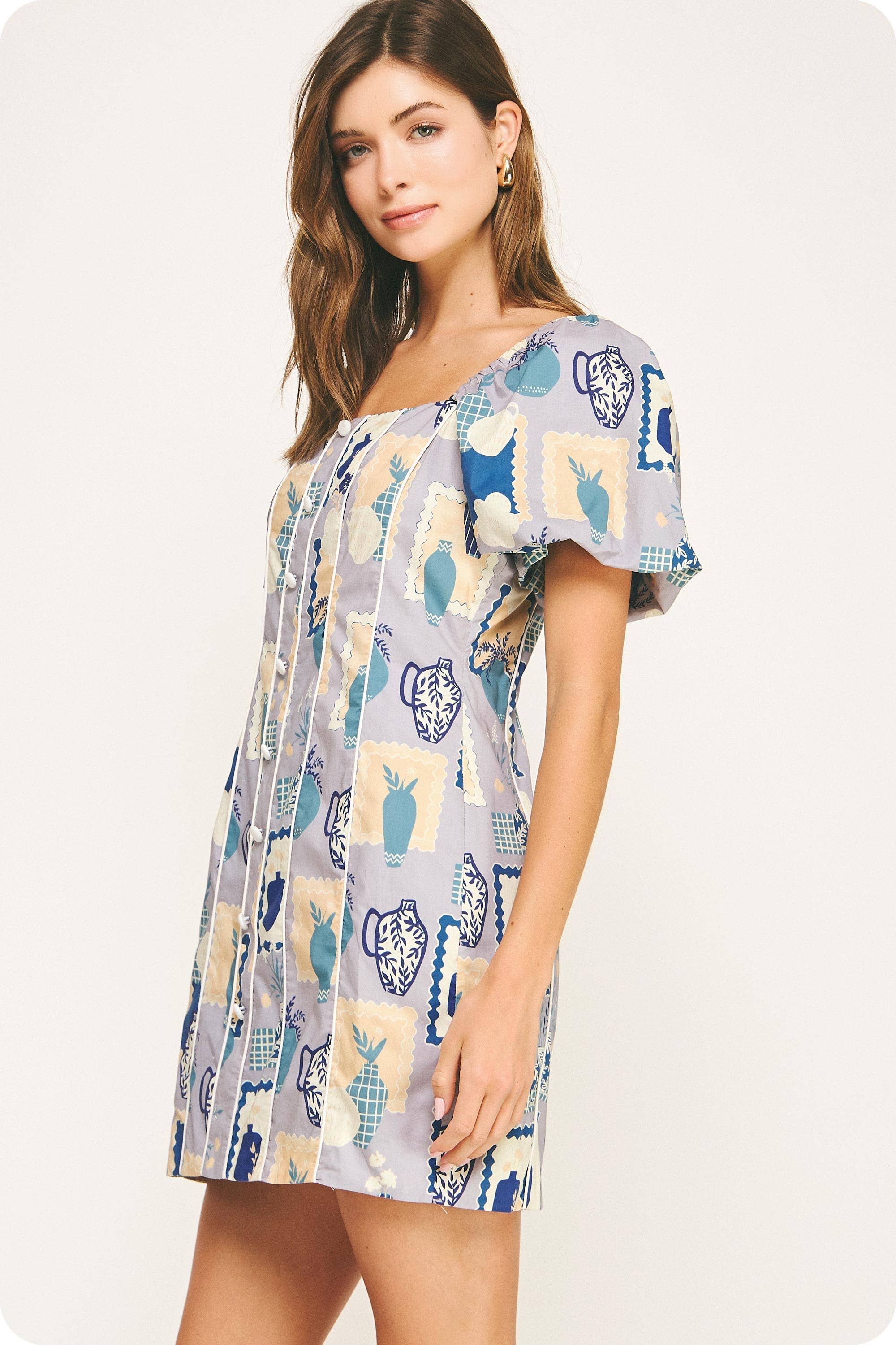 Piping Contrast Vase Print Mini Dress. Rush