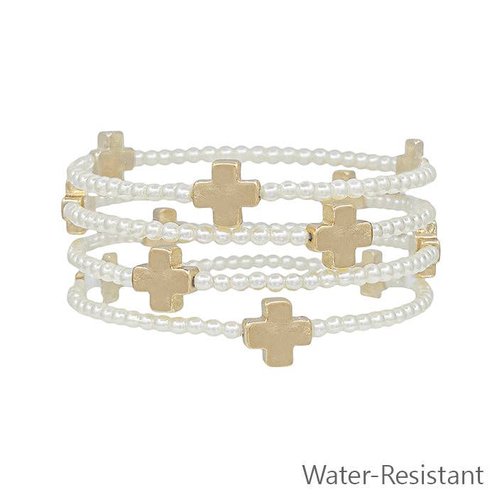 Water Resistant Pearl Beaded with Gold Cross Shape stretch bracelet