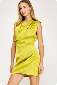 Draped Neckline Sleeveless Satin Dress: Lilac Pink / S