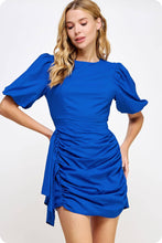Load image into Gallery viewer, Ruched Short Puff Sleeve Voile Mini Dress: Burgundy / L