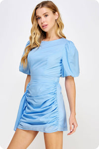 Ruched Short Puff Sleeve Voile Mini Dress: Burgundy / M