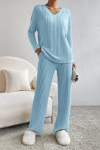 Load image into Gallery viewer, Ribbed V-Neck Top and Pants Set