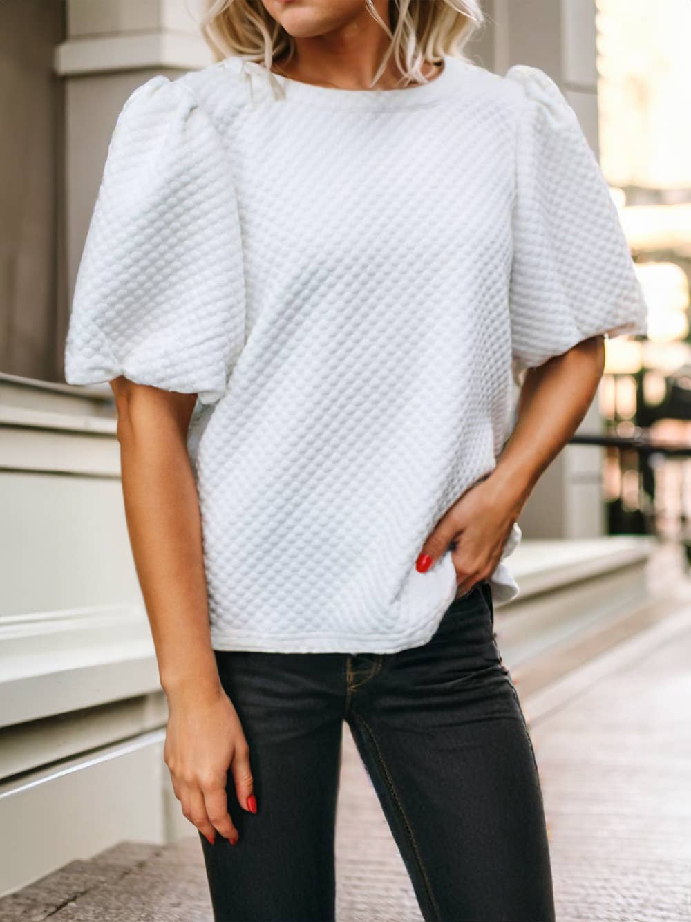 Solid Textured O Neck Puff Sleeve Blouse | 2 Colors: