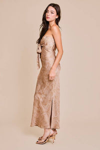 Strapless Front Tie Bias Cut Dress: Khaki-blush Abstract / L