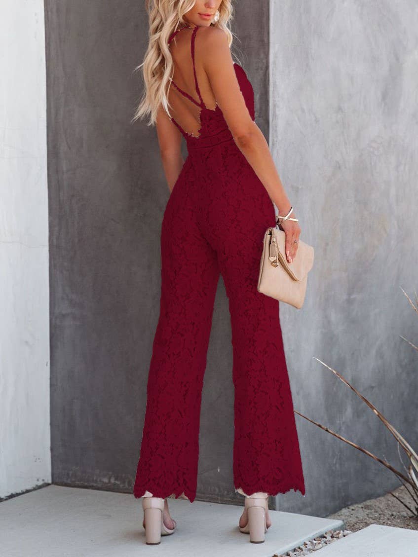 Lace Mid-Rise Casual Smooth Lined Jumpsuit: White / M