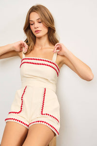 EMBROIDERED EDGE SLEEVELESS ROMPER: BLACK COMBO / L