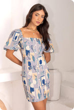 Load image into Gallery viewer, Piping Contrast Vase Print Mini Dress: Blue Multi/off-white / M