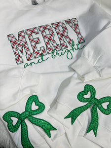 Merry and bright Christmas Sweatshirt, Side Bow : White / L