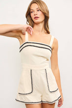 Load image into Gallery viewer, EMBROIDERED EDGE SLEEVELESS ROMPER: BLACK COMBO / S