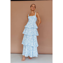 Load image into Gallery viewer, TIE UP TIERED SKIRT MAXI DRESS: BLUE / XS