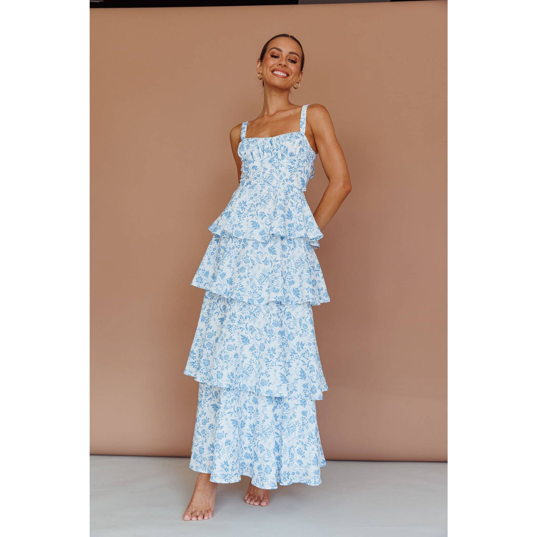 TIE UP TIERED SKIRT MAXI DRESS: BLUE / XS