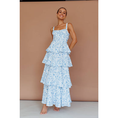 TIE UP TIERED SKIRT MAXI DRESS: BLUE / M