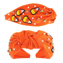 Load image into Gallery viewer, Beaded Candy Corn w/ Pearls &amp; Rhinestones Knotted Headband: Orange