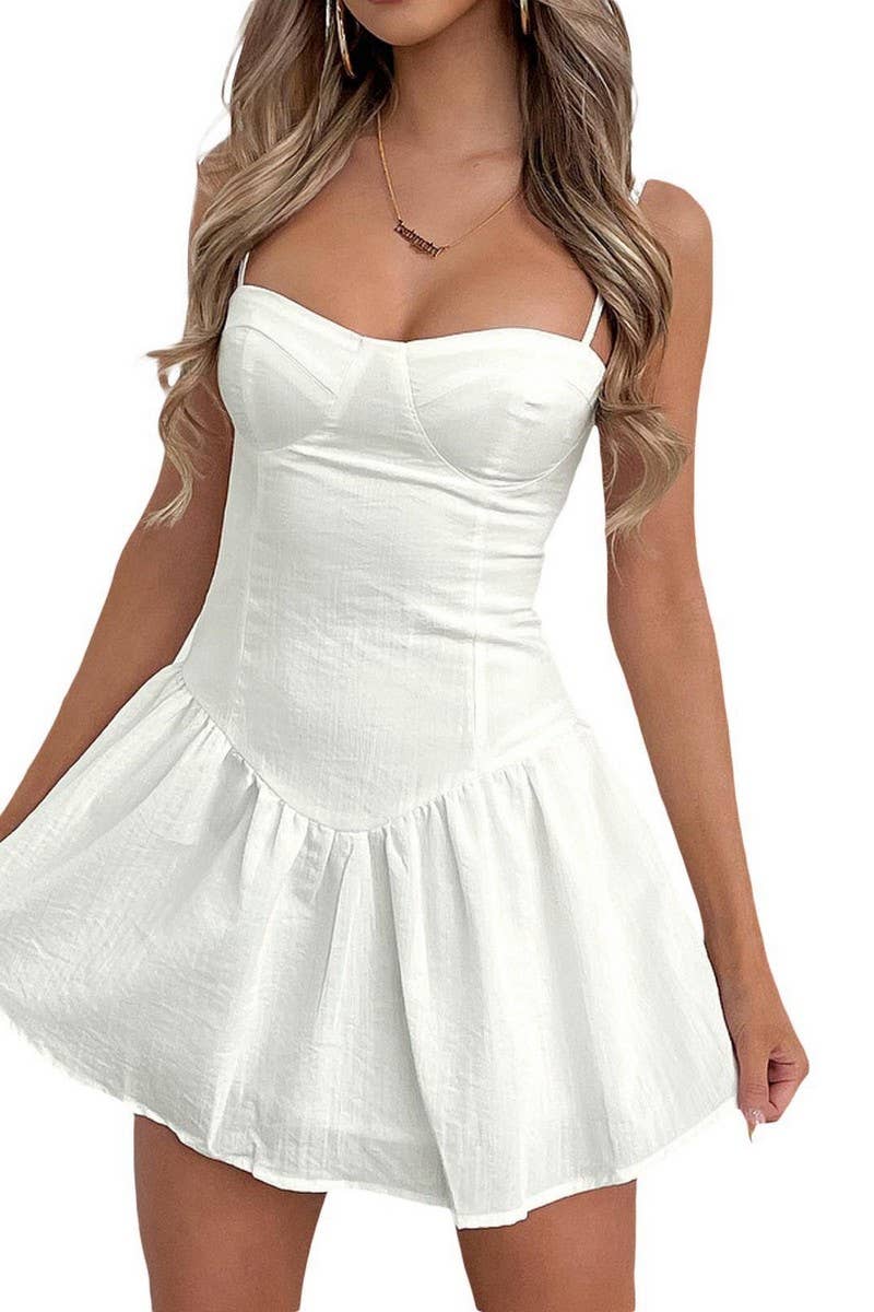 SOLID COLOR SUSPENDER RUFFLE SHORT DRESS: WHITE