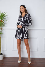 Load image into Gallery viewer, Geometric V-Neck Roll-Tab Sleeve Mini Dress