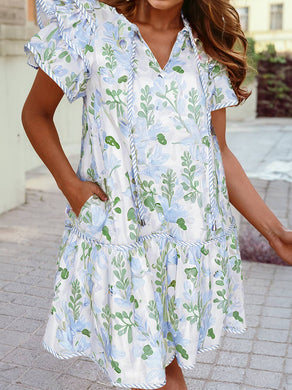Floral Contrast Edge Short Sleeve Tied Neck Mini Dress: Sky Blue / S