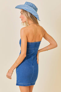 Stitchwork Strapless Slim Denim Dress: BLUE / L