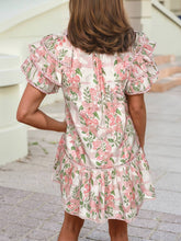 Load image into Gallery viewer, Floral Contrast Edge Short Sleeve Tied Neck Mini Dress: Pink / L