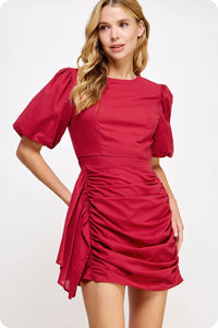 Ruched Short Puff Sleeve Voile Mini Dress: Burgundy / M