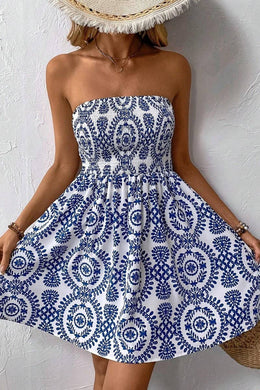 BLUE PRINTED TUBE TOP DRESS: BLUE / (M) 1