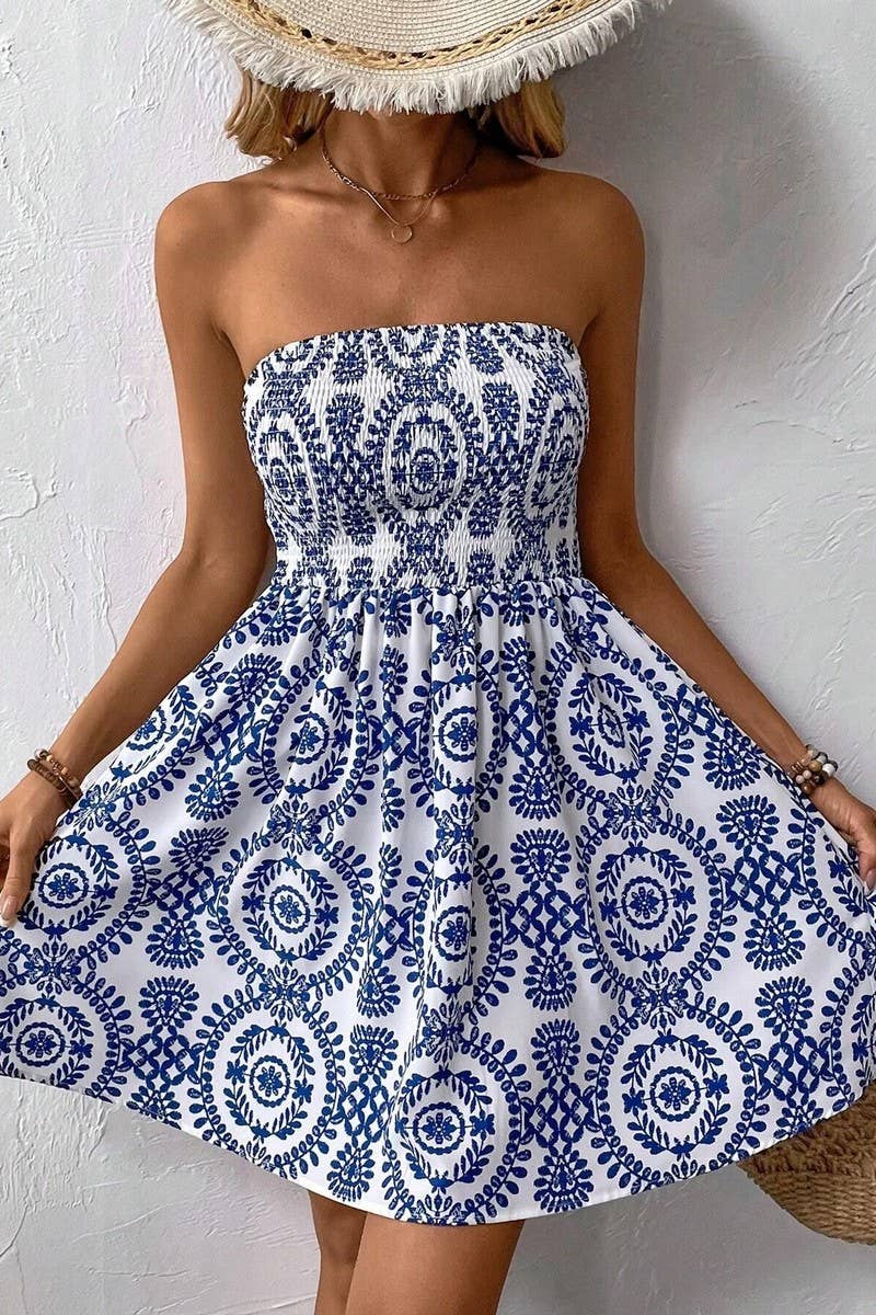 BLUE PRINTED TUBE TOP DRESS: BLUE / (S) 1