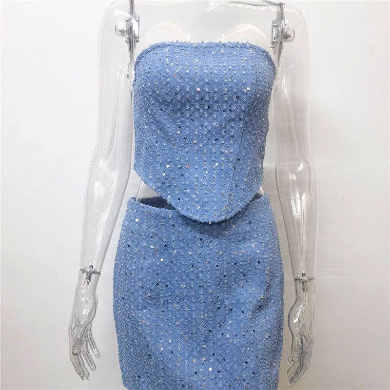 Fashionable Denim Ripped Sequin Mini Skirt Bandeau Set