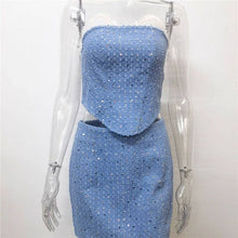 Load image into Gallery viewer, Fashionable Denim Ripped Sequin Mini Skirt Bandeau Set