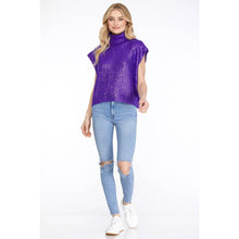 Load image into Gallery viewer, Metallic Foil Short Sleeve Sweater Top: PURPLE